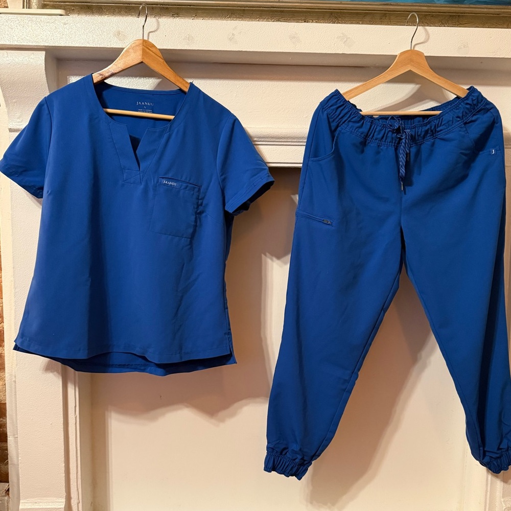 Jaanuu slim-fitting royal blue Lg scrub top + Petite Lg joggers